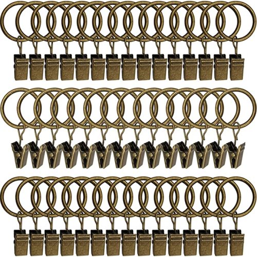 44 Pack Metal Curtain Rings with Clips, Drapery Clips with Rings, Drapes Rings 1 inch Inner Diameter, Fits Diameter 5/8 inch Curtain Rods, Vintage Bronze