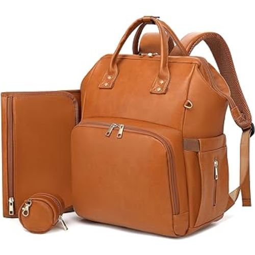 Diaper Bag Backpack - Vegan Leather, Waterproof Travel Baby Bag with Changing Pad, Pacifier Case, Theft Pocket, 35L Large, Baby Shower Gifts for Mom and Dad, Brown