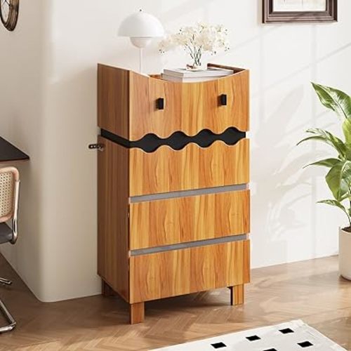 Storage Cabinet with 4 Drawers, Cute Robot Cabinet Vertical Storage with Legs, Unique Shape, No Handle Design, for Living Room Hallway Dorm, Brown and Black, 15.7”D x 23.6”W x 42.5”H
