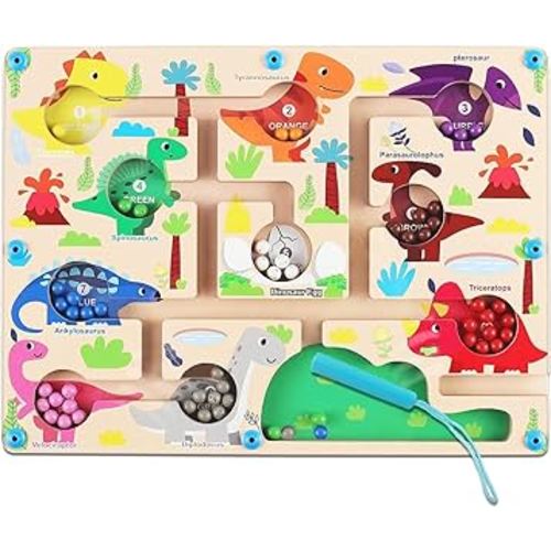 mom&myaboys Toddler Montessori Toys for 3 4 5 Year Old Wooden Puzzle Activity Board Fine Motor Skills Kids Toys Maze Toys Number and Color Maze Board for 3-6 Year Old Gifts (Dinosaur