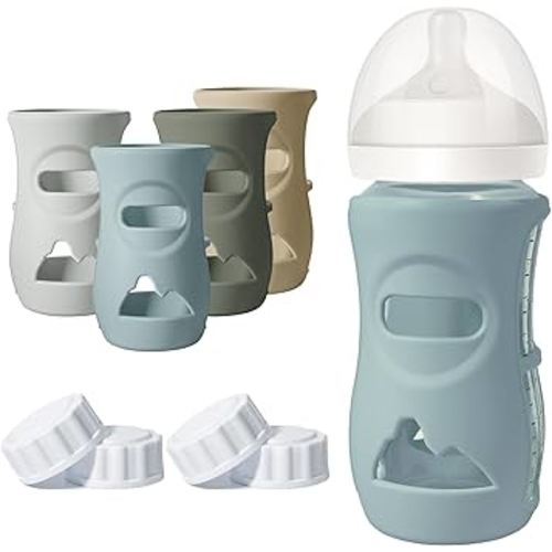 4 Pack Silicone Sleeves for Philips Avent Natural Glass Bottle, Food Grade Silicone Cover and 4pcs Travel Caps, Lids Replacement (Dark Blue+Dark Green+Grey+Beige, 8oz)