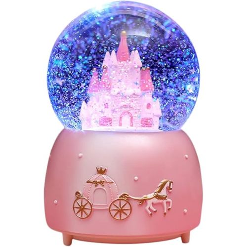 Castle Snow Globes Luminous Music Box Cartoon Christmas Snow House Automatic Spray Snowflake Rotating Crystal Ball with Color Changing LED Lights for Home Decoration Birthday Gift