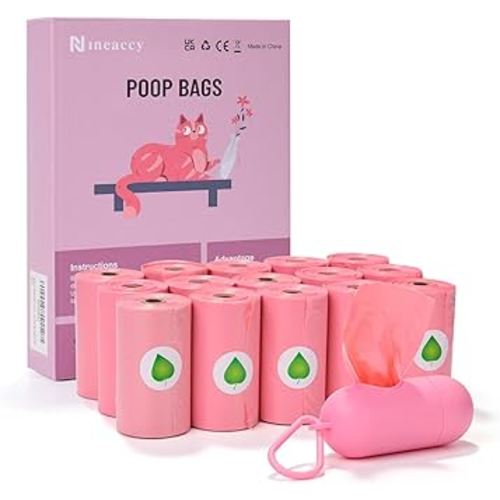 Biodegradable Pink Dog Poo Bags Lavender scent with Dispenser - 300 Large Poop Bags, Extra Thicken Strong Corn Starch Blended Compostable Leak Proof Poop Waste Bag for Dogs