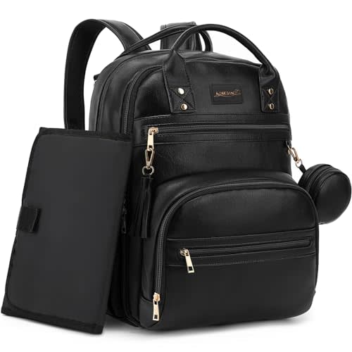 ROSEGIN Vegan Leather Diaper Bag Backpack for Boy Girl with Changing Pad and Pacifier Case, Waterproof, Travel Baby Bag Backpack for Mom Dad, Perfect Baby Shower Gifts, Black