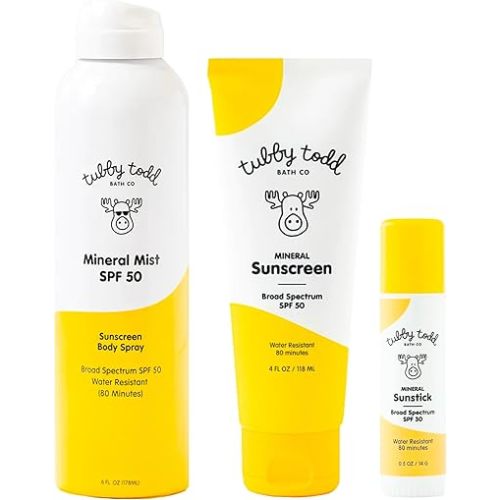 Tubby Todd Face and Body Mineral Protection Sunscreen Kit for Baby, Toddler and Kids - The Sun Bundle - Sunscreen Lotion 4 Fl Oz, Sunscreen Spray 6 Fl Oz and Sunstick 0.5 Oz - Fragrance-Free