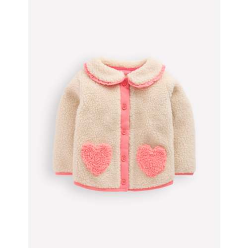 Girls Borg Collared Jacket-Neutral/Pink Heart