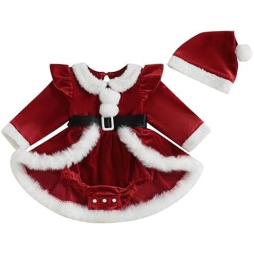 Newborn Baby Girl Christmas Outfit Ruffle Long Sleeve Red Velvet/Plaid Romper Dress Xmas Cute Fall Winter Clothes