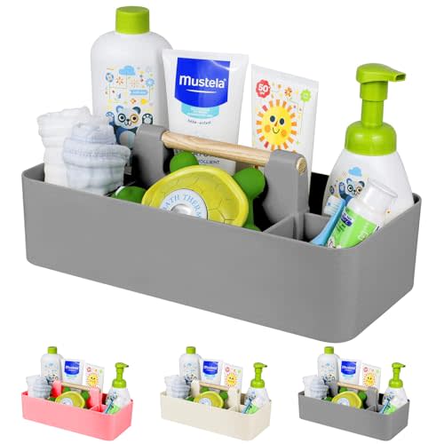Baby Shower Caddy Plastic Nursery Portable Storage Organizer Caddy Tote for Child/Kids, Divided Basket Bin with Wood Handle for Bathroom, Dorm Room, Holdsn Bottles, Spoons, Gray