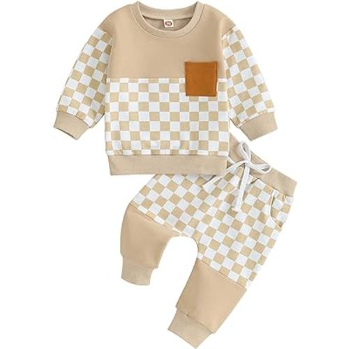 Infant Toddler Baby Boy Fall Winter Outfits Long Sleeve Hoodie Shirts Plaid Patchwork Sweatshirt + Pants 2Pcs