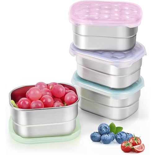 Stainless Steel Snack Containers for Kids and Toddlers | Easy Open Leak Proof Small Food Containers with Silicone Lids - Perfect Metal Lunch Box for Daycare and School (8oz, Set of 4)