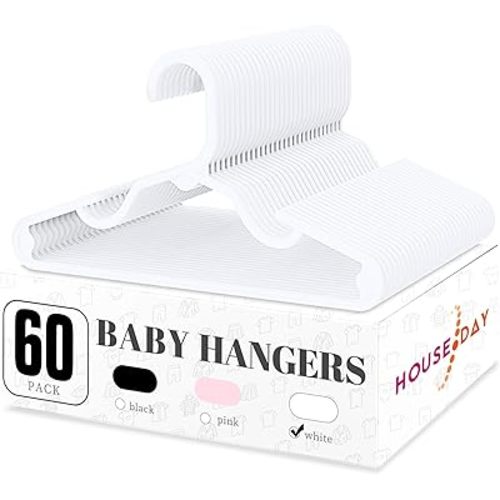 HOUSE DAY Plastic Baby Hangers for Closet 60 Pack, Durable Plastic Kids Hangers for Baby Clothes, Thin & Compact Childrens Hangers, Space Saving White Baby Hangers, Small Hangers for Kids Clothes