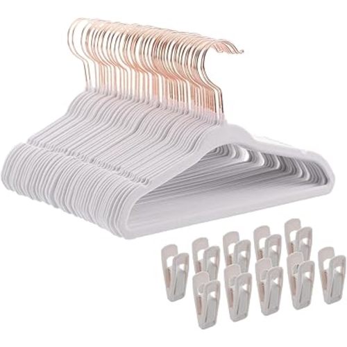 Kids Hangers Velvet - 11" Inch Baby Felt Hangers Non Slip Toddler Hangers - Childrens Hangers for Clothes - 50 Pack with 10 Hanger Finger Clips, White