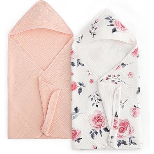 david's kids 2 Pack Hooded Baby Towels, Large 32"x32", 6 Layer 100% Muslin Cotton Highly Absorbent Girl Bath Towel for Newborn, Infant and Toddler. Ultra Soft and Breathable Baby Essentials, Rose