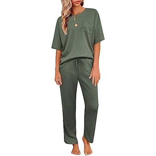 JiniGolla Womens Pajama Sets Waffle Knit Short Sleeve Shirt with Long Pajama Pants Soft Sleepwear Pj Lounge Sets