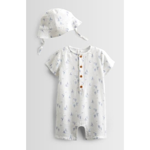 Print Cotton Henley Romper & Hat Set, 9M