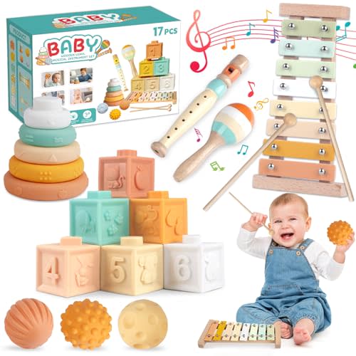 Montessori Baby Toys for 1+ Year Old 6 in 1 Musical Instruments for Toddler Stacking Blocks Rings Developmental Learning Educational Toy with Wooden Xylophone Musical for 1 Year Old Boys Girls