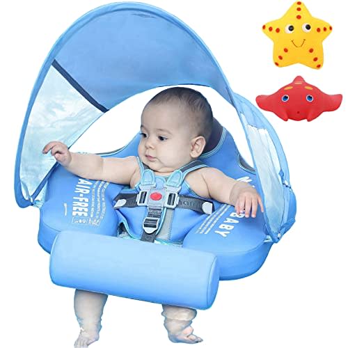 Mambobaby Float with Canopy Size Improved Non Inflatable Infant Baby Pool Float Smart Mambo Float Swim Trainer Add Tail Baby Swim Float Mambo Baby Float Solid Air Free Water Waist Swimming Ring