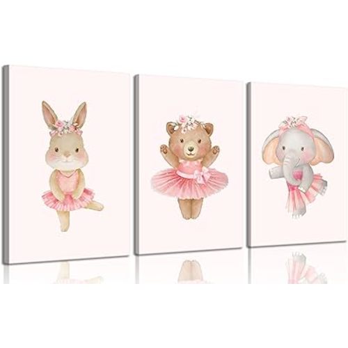 3Pcs Pink Ballerina Animals Canvas Wall Art Cute Elephant Bunny Bear Wall Decor Pictures Nursery Baby Room Posters Prints for Girls Room Bedroom Home Decoration 16x24in