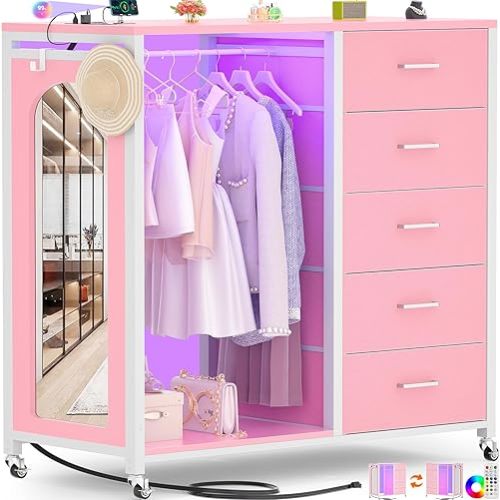 Cyclysio Dresser for Bedroom with Clothes Rack & Mirror, Pink 5 Drawers Dresser with Charging Station & LED Lights, Rolling Chest of Drawers with Wheels, Full Length Mirror, Wooden Top,Bedroom,Closet