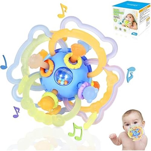 Orzbow Sensory Teething Toys for Babies, Montessori Toys 3-18 Months, Infant Teethers Relief, Silicone Baby Rattle, BPA Free, Blue