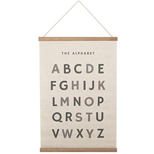 Bon et Beau 16 x 24 Inch Embroidered Alphabet Poster with Wood Poster Hanger - Neutral Gray Wall Decor for Boys Nursery, Bedroom and Playroom
