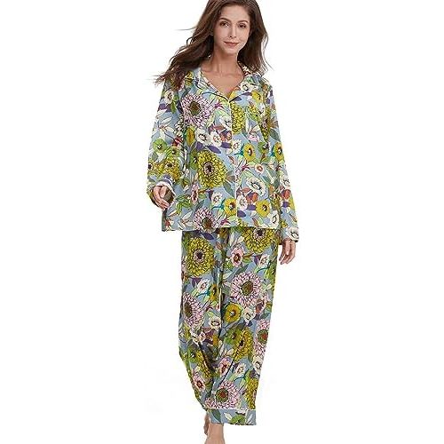 Womens Silk Satin Pajamas Set Button Down 2 Piece Pjs Long Sleeve Oversized Sleepwear with Pockets