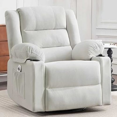 Ketaiyou Swivel Rocker Recliner Chair for Adults with Massage and Heat, Cup Holders and Side Pockets, Glider Rocking Reclining Single Sofa Chair for Living Room(Beige2)