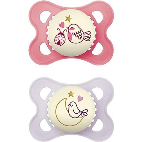 MAM Night Pacifiers (2 Pack, 1 Sterilizing Pacifier Case), MAM Pacifiers 0-6 Months, Best Pacifier for Breastfed Babies, Glow in the Dark Pacifier, Baby Girl Pacifier