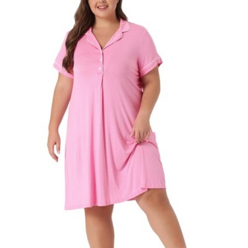 Agnes Orinda Women's Plus Size Lapel Short Sleeve Button Down Lounge Midi Nightgown 3X Pink