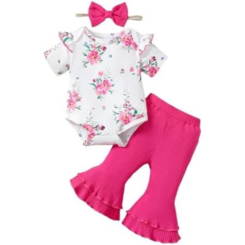 SUNNY PIGGY Baby Girl Clothes Ruffle Short Sleeve Romper Long Pants Set with Headband Newborn Infant Outfits