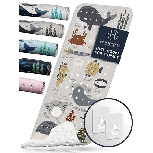 Homerella Baby Bath Tub Mat | Anti Mold Mildew Resistant Non Slip Kids and Adult Bath Tub Shower Mats | 40x16 inch Long with Suction Cups for Secure Grip Hooks for Storage & Drying | Machine Washable