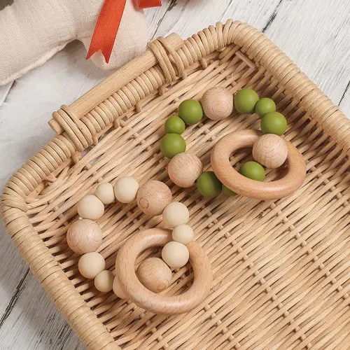 Baby Bracelet Silicone Infant Rings Wooden Rattles Sensory Toys Retro Color Bracelet 2pc Set Baby Ring Wooden Baby Nursing Bracelet