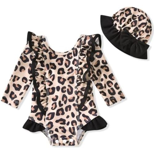 HINTINA Baby Girl One Piece Long Sleeve Ruffle Swimsuit with Hat