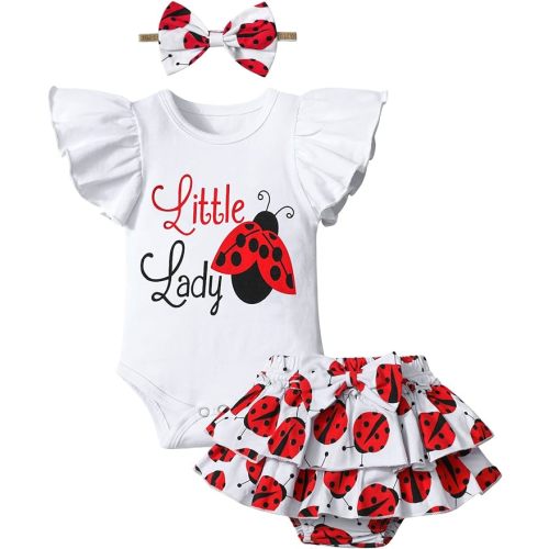 ADIFUN Baby Girl Clothes,Girl Summer Outfit Romper Sets Ruffle Short Sleeve Top+Shorts+ Bow Hairband 3Pcs Set - 3-6 Months - White+seven-star Ladybug