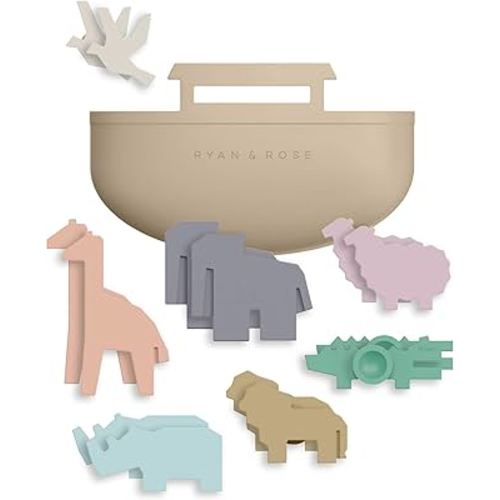 Noah's Ark Suction Toys - 1 Ark, 14 Animals (7 Pairs) - Toddler Bath Toys, Baptism Gifts for Boys, Mold Free No Hole Silicone