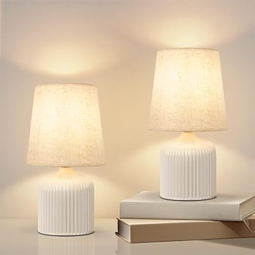 FRIDEKO HOME Ceramic Bedroom Lamps Set of 2 - White Modern Table Lamps with Fabric Shade Small Bedside Lamp Nightstand Lamps for Living Room Nursery Office - Not Included Bulb