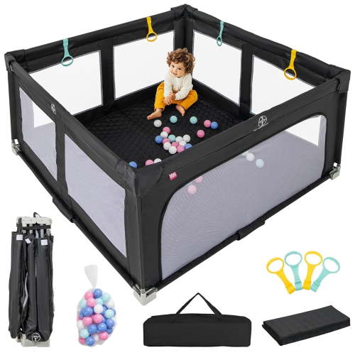 OLAKIDS Foldable Baby Playpen with Mat, 59” x 59” Large Baby Play Yard for Infant with 50 Ocean Balls, 4 Handlers, Carry Bag, Indoor Outdoor Fence Toddler Activity Center