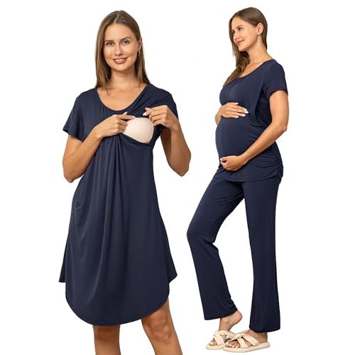 SUNNYBUY Women 3 PCS Maternity Nursing Nightgown Dress & Short Sleeve Breastfeeding Top & Pregnancy Pants Sleepwear Set