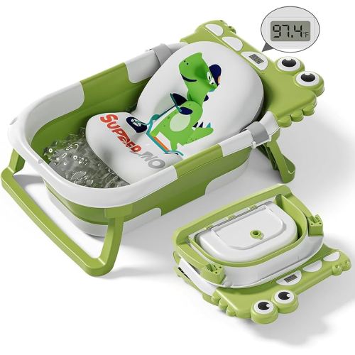 Collapsible Baby Bathtub for Newborn, Foldable Baby Bath Tub with Thermometer & Soft Floating Cushion & Drain Hole, Portable Travel Infant Bath Tubs for Newborns to Toddler 0-36 Months Girl, Green