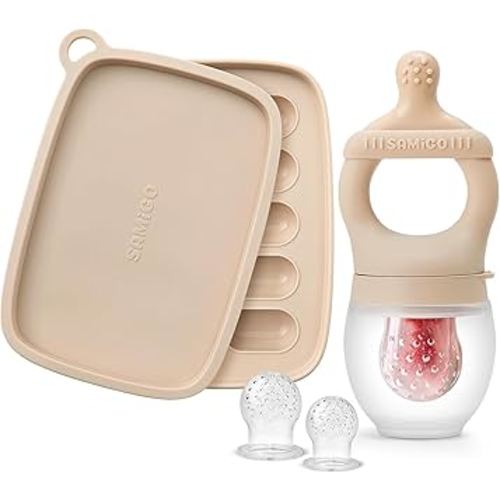 SAMiGO Baby Food Fruit Feeder and Breastmilk Popsicle Mold Set, Silicone Fruit Teether, Food Feeder Pacifier for Teething Relief, Freezer Tray, Baby Feeding Essentials, 4 Months+