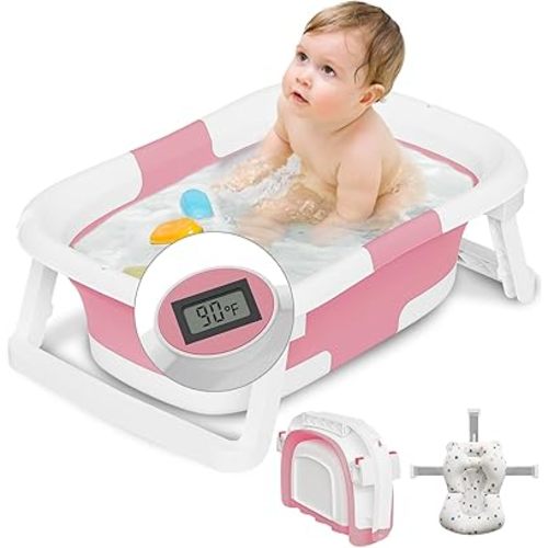 Collapsible Baby Bathtub,Baby Bath Tub with Soft Cushion & Thermometer,Baby Bathtub Newborn to Toddler 0-36 Months,Portable Travel Baby Tub (Dark Pink)