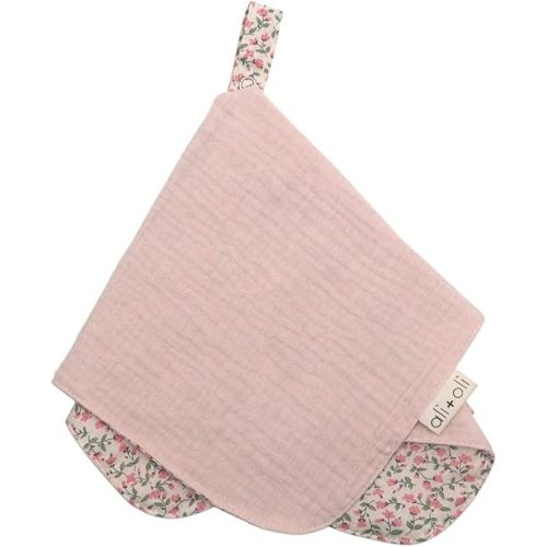 Ali+Oli Pacifier Blanket Holder (Pink Flowers) Soft Muslin Cotton Cuddle Blanket with Button Snap Closure (15x15)