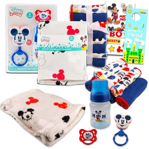 Disney Mickey Mouse Baby Gift Set, Baby Shower Gifts Boys Neutral - 12 Pc Newborn Essentials Bundle with Blanket, Towels, Rattle, Bottle, Pacifier, Scrapbook Stickers, More
