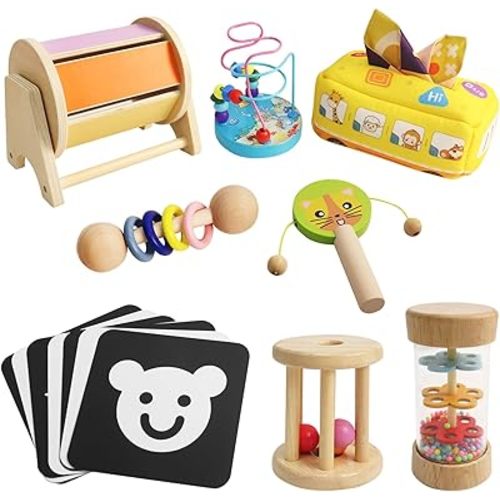 Montessori Toys for Babies 6-12 Months, 8 in 1 Baby Montessori Toys 6 Month Old Set,Black and White Baby Toys with Spinning Drum Baby Toy, Baby Tissue Box (Baby Toys)