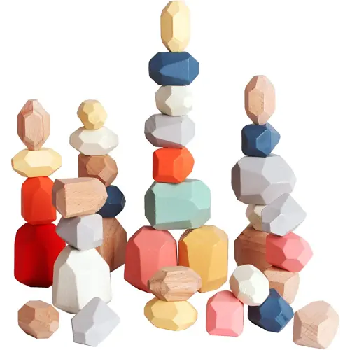 BESTAMTOY 36 PCS Wooden Sorting Stacking Rocks Stones,Sensory Toddler Toys Learning Montessori Toys, Building Blocks Game for Kids 3 4 5 6 Years Boy and Girl Birthday Gifts for Kids