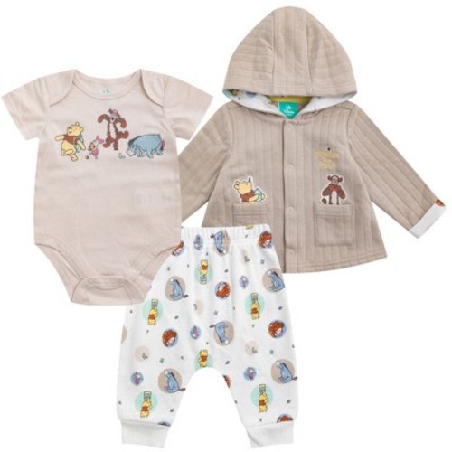 Disney Winnie the Pooh Baby Boys Pants Set with Bodysuit and Hooded Snap Quilted Jacket 3 Pack Set for Infant