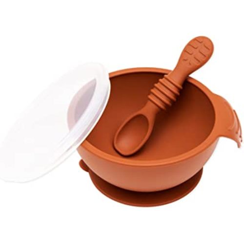 Bumkins Baby Bowls, Silicone Baby Feeding Set, Suction Bowls for Baby and Toddler with Spoon and Lid, First Feeding Set, Platinum Silicone Bowl for Babies 4 Months Up