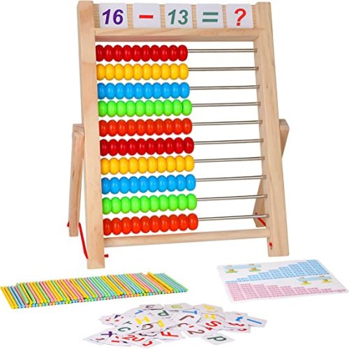KIDWILL Preschool Math Learning Toy,10-Row Wooden Frame Abacus with Multi-Color Beads, Counting Sticks, Number Alphabet Cards, Gift for 2 3 4 5 6 Years Old Toddlers Boys Girls