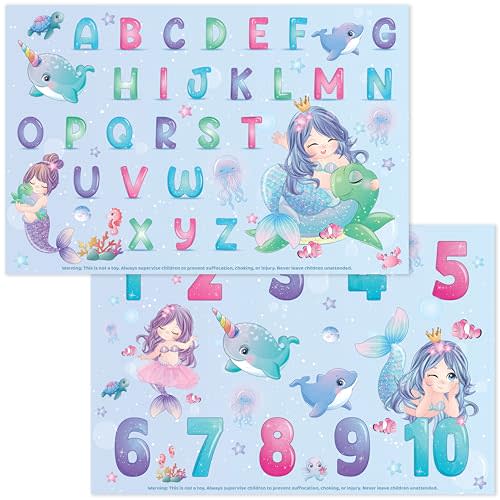 Disposable Placemats for Baby, Toddlers and Kids, 40 Disposable Baby Placemats for Restaurant, Dining Table & Travel, Learning Placemats for Kids, Toddler Travel Essential, Mermaids ABC & Numbers