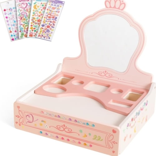 OESSUF Kids Vanity Wooden Makeup Table for Toddler, Princess Vanity Set with Stickers, Pretend Makeup Table Organizer for Little Girl, Makeup Storage Girls Gift for Christmas Birthday